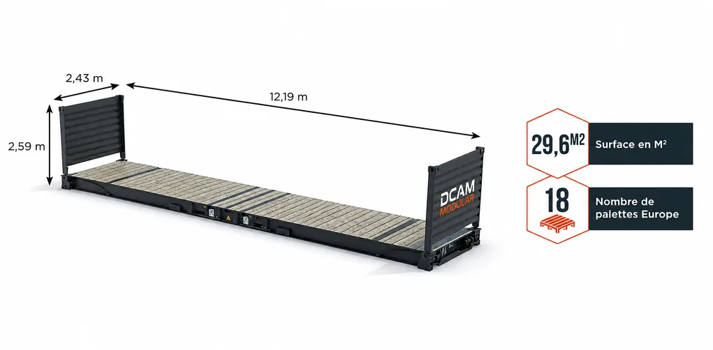 dimensions Conteneur maritime 40 pieds flat rack dispo en vente.
