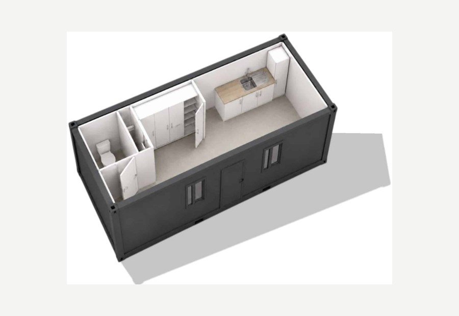 Aménagement intérieur club-house modulaire avec cuisine et sanitaires
