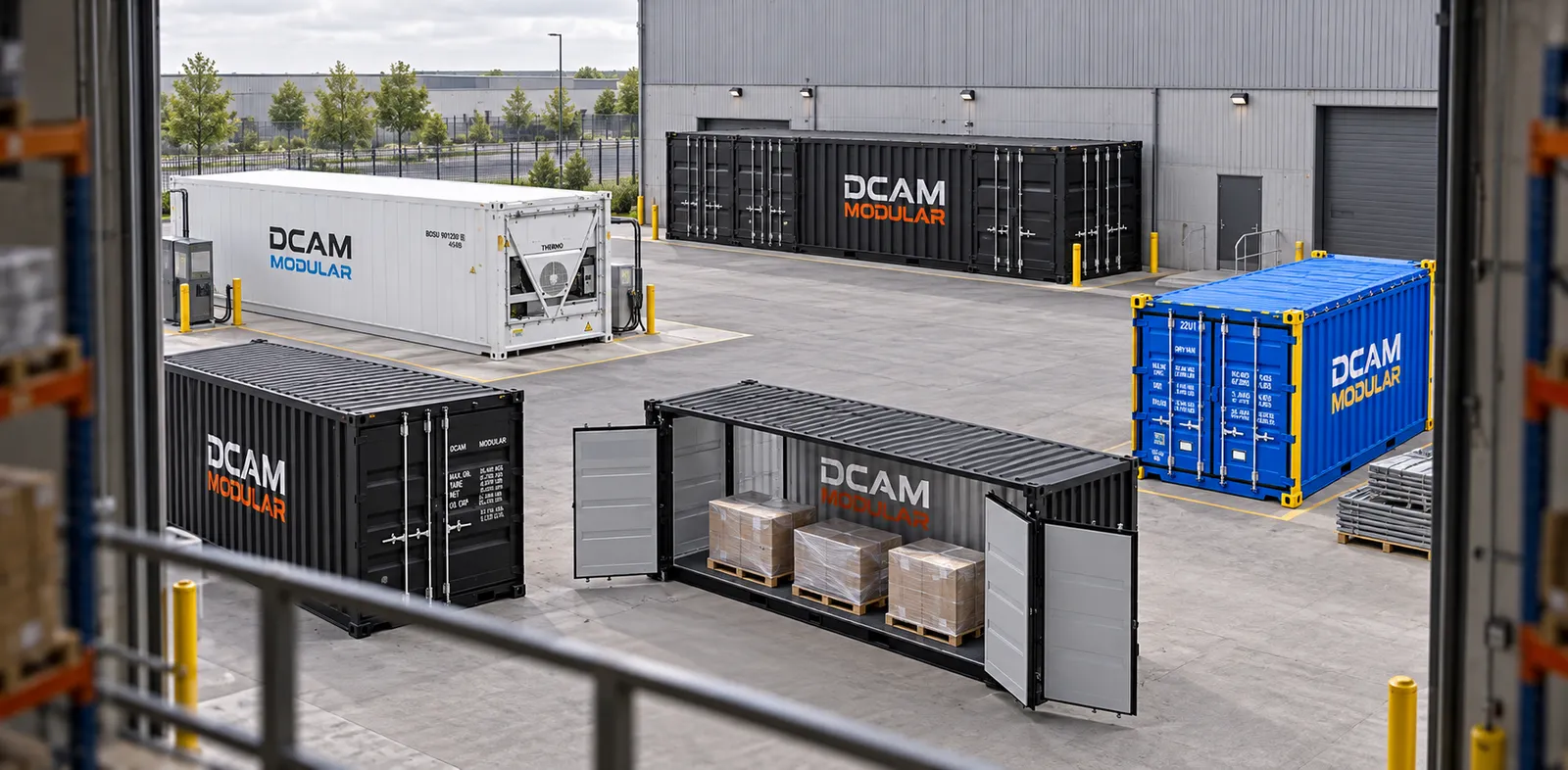 Conteneurs maritimes DCAM MODULAR stationnés devant un entrepôt logistique