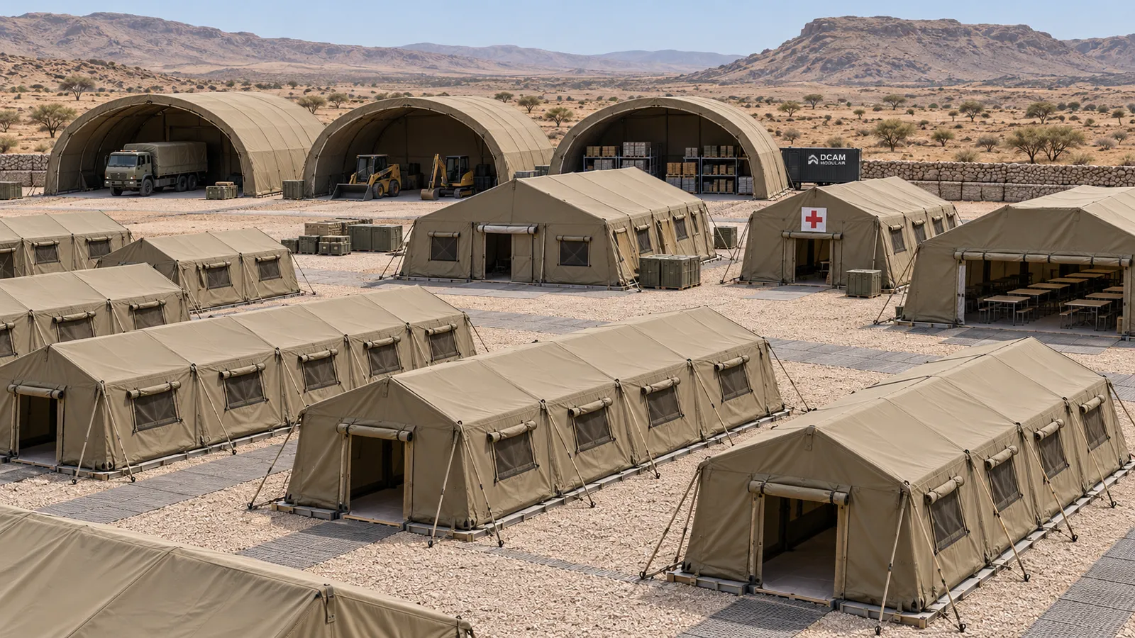 Campement de tentes modulaires DCAM MODULAR avec infirmerie en zone désertique