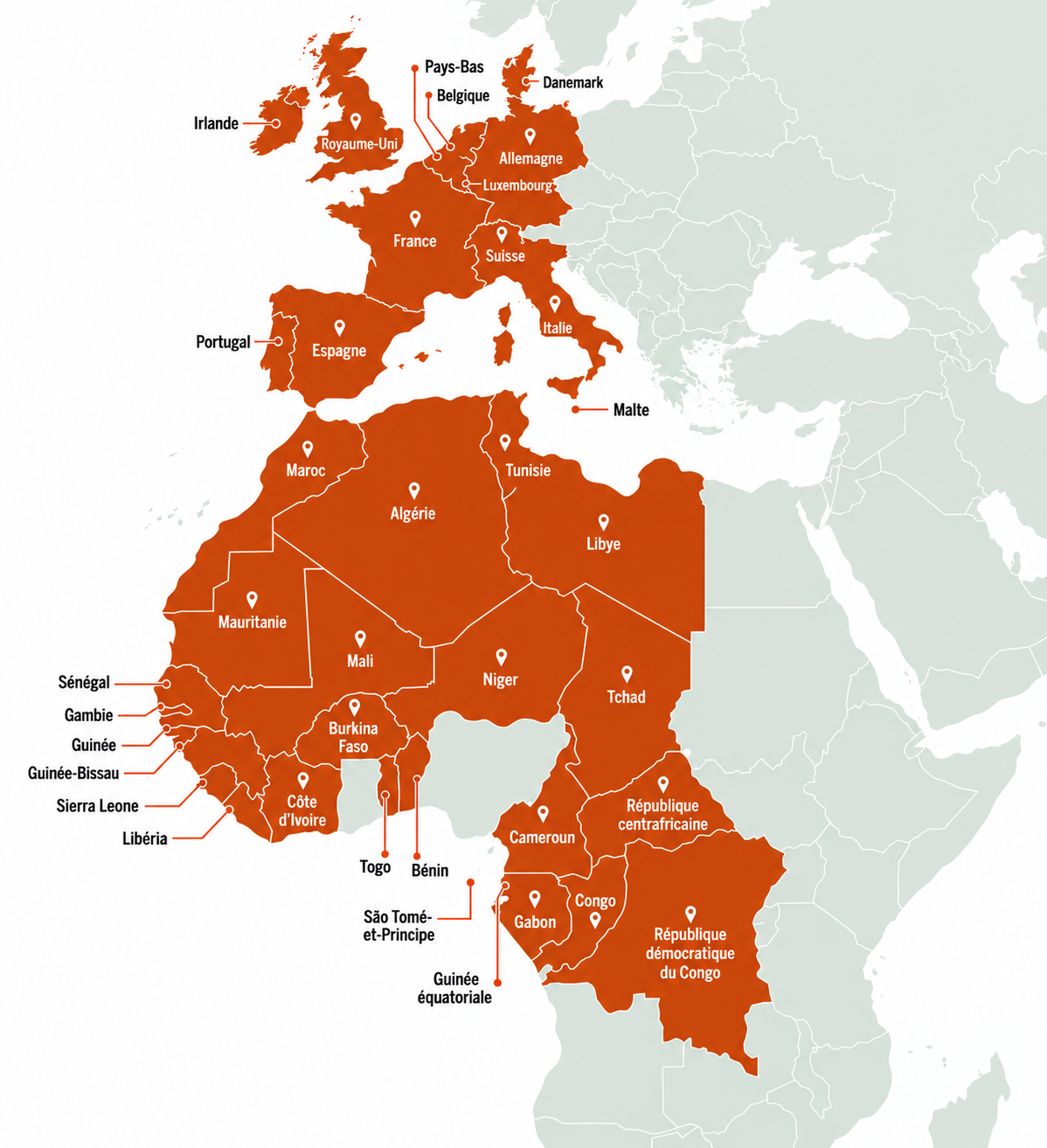 Carte de la présence internationale de DCAM MODULAR : Europe et Afrique